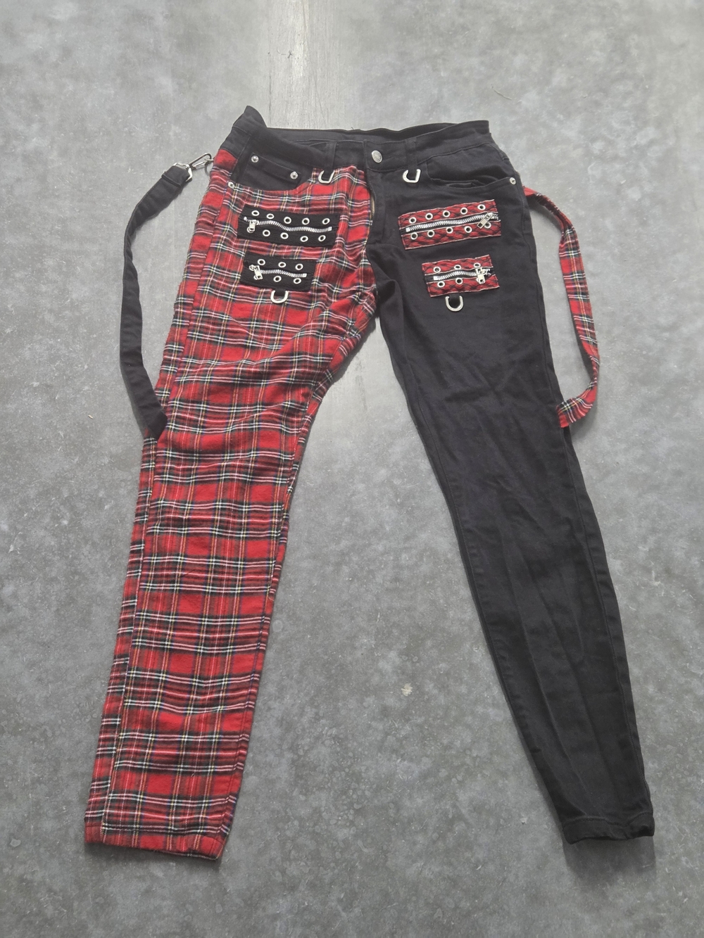 Hot Topic Denim Double Plaid Black Red Punk Rock Suspender Jeans 29x28